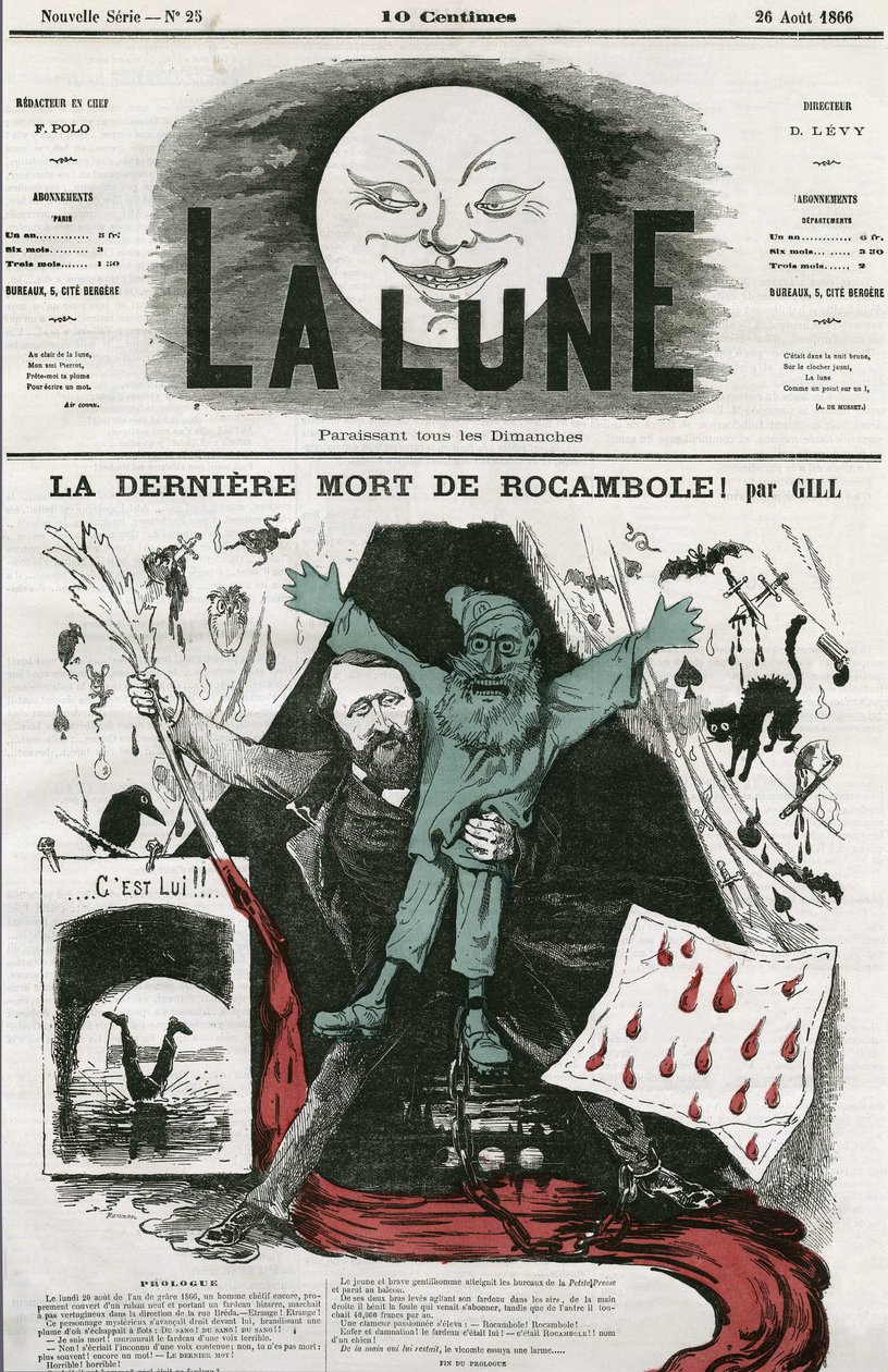 Caricatura di "La dernière mort de Rocamole" e del suo autore, Pierre Alexis Ponson du Terrail da Andre Gill