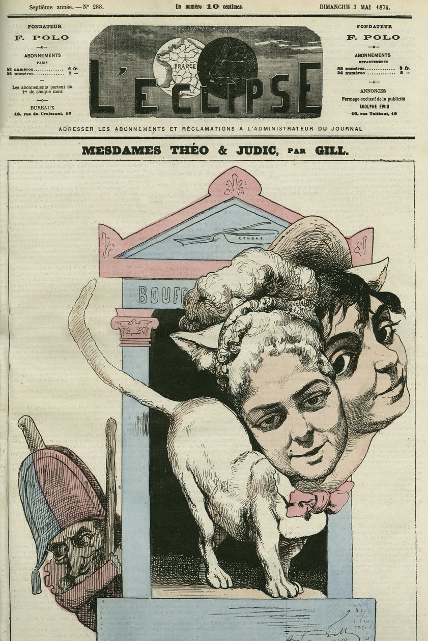 Caricatura delle signore Louise Theo e Anna Judic, cantanti in un