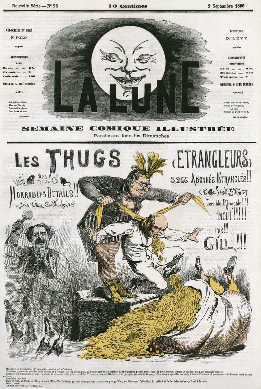 Caricatura dei "Thugs", un culto di stranieri, adoratori di Kali sterminati dai coloni britannici. Caricatura di Gill, in "La Lune", 2 settembre. da Andre Gill
