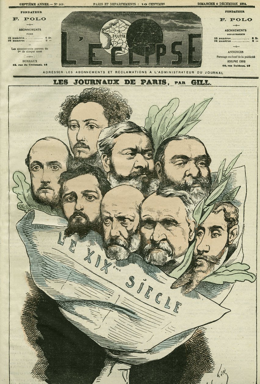 Caricatura della squadra del giornale "Le XIXe siècle", diretto da Edmont About (1828-?), uomo di lettere francese. Copertina in "L