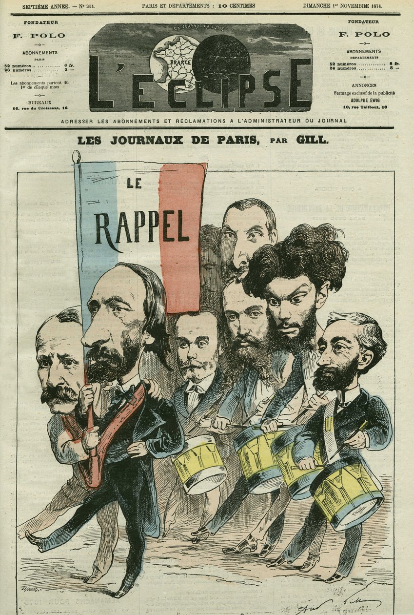 Caricatura "il richiamo" della Repubblica dai giornali di Parigi, con Paul Meurice, Auguste Vacquerie, Gaulier, Blum, Lefevre, D