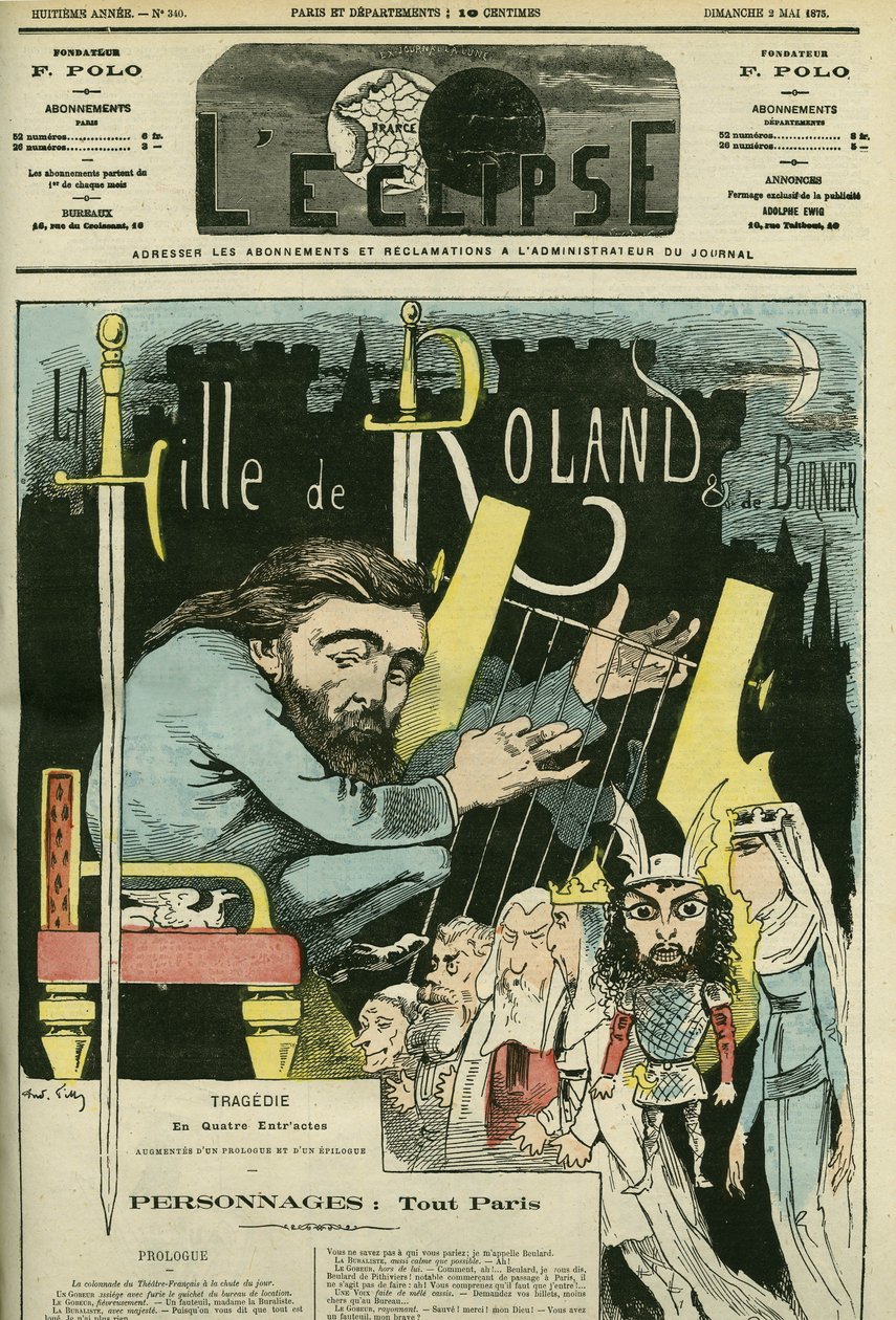 Illustrazione del pezzo teatrale “La Fille de Roland” di Etienne Charles Henri, Visconte de Bornier (1825-1901). Copertina in “L