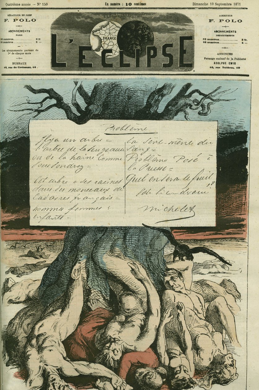 Jules Michelet (1798-1874), storico francese, era violentemente contrario alla Guerra del 1870 e alla redenzione del paese. Copertina in "L