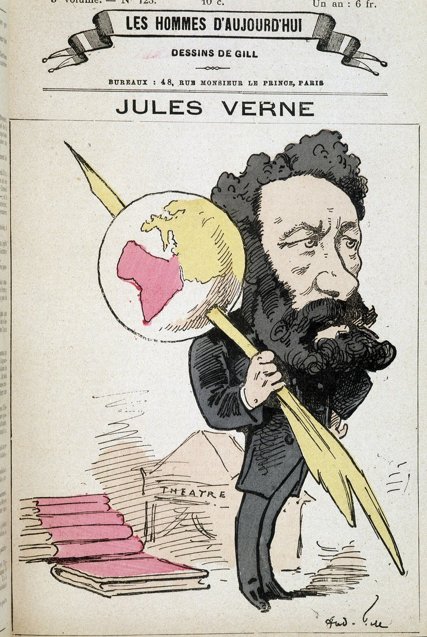 Jules Verne che pizzica la terra con la sua penna - di Gill, in "Gli uomini di oggi" da Andre Gill