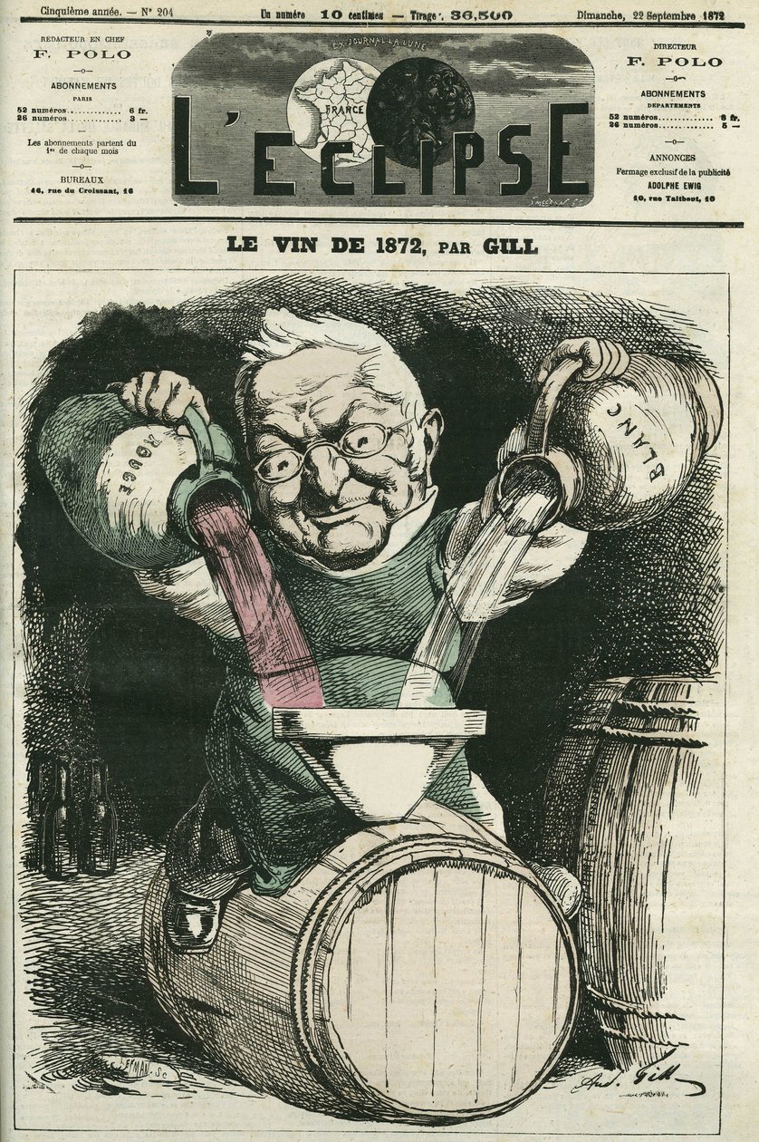 Il vino del 1872, illustrazione di Adolphe Thiers che mescola vino bianco e rosso. Copertina di "L