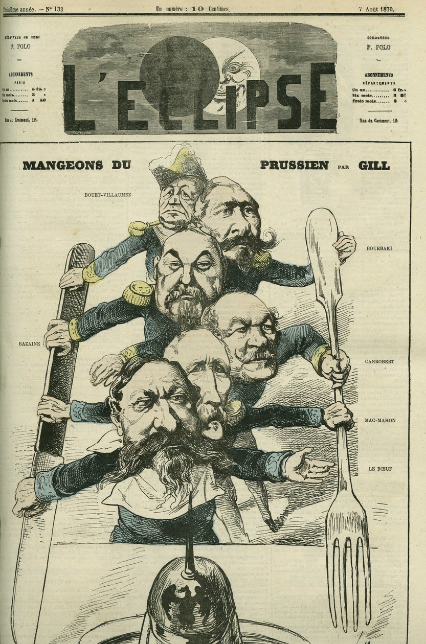 Mangiamo prussiano con i generali Le Boeuf (1806-1893), Mac-Mahon (1808-1893), Francois Achille Bazaine (Francois-Achille da Andre Gill
