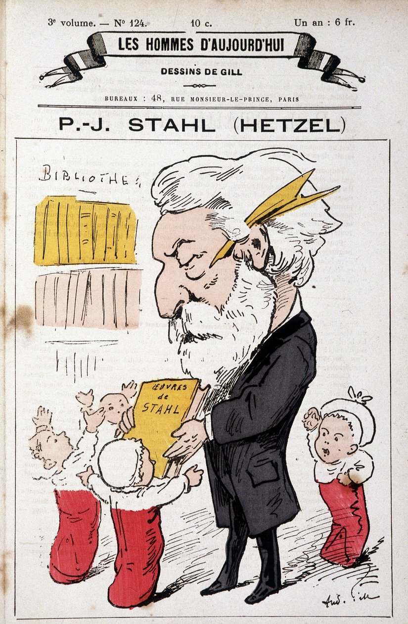 Ritratto-caricatura di Pierre Jules Hetzel che offre le opere di Stahl (il suo pseudonimo) ai bambini, "Gli uomini di oggi", fine 19° secolo da Andre Gill