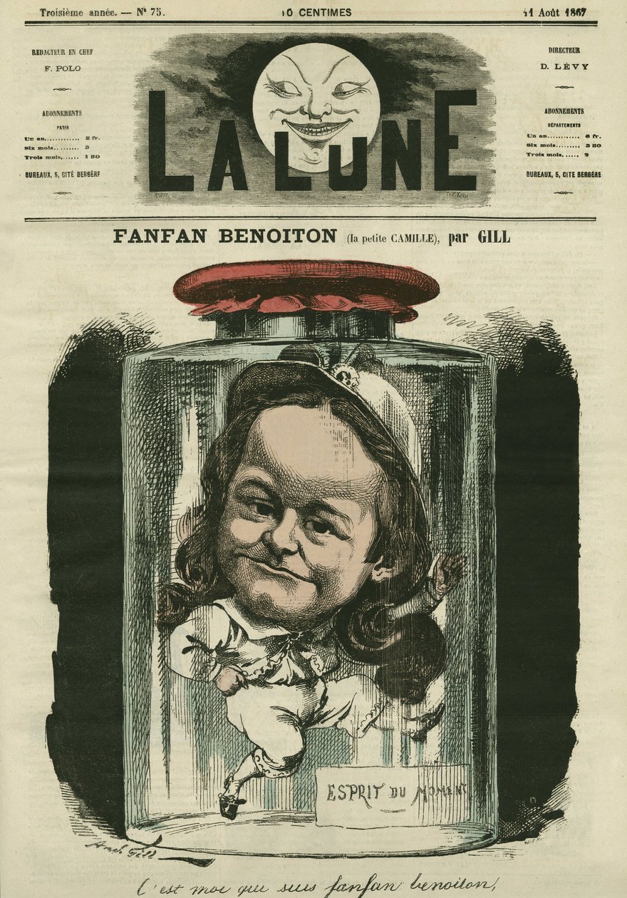 Ritratto di Camille Schelter, attrice nel ruolo di Fanfan Benoiton. Caricatura di Gill, in "The Moon", 11 agosto da Andre Gill