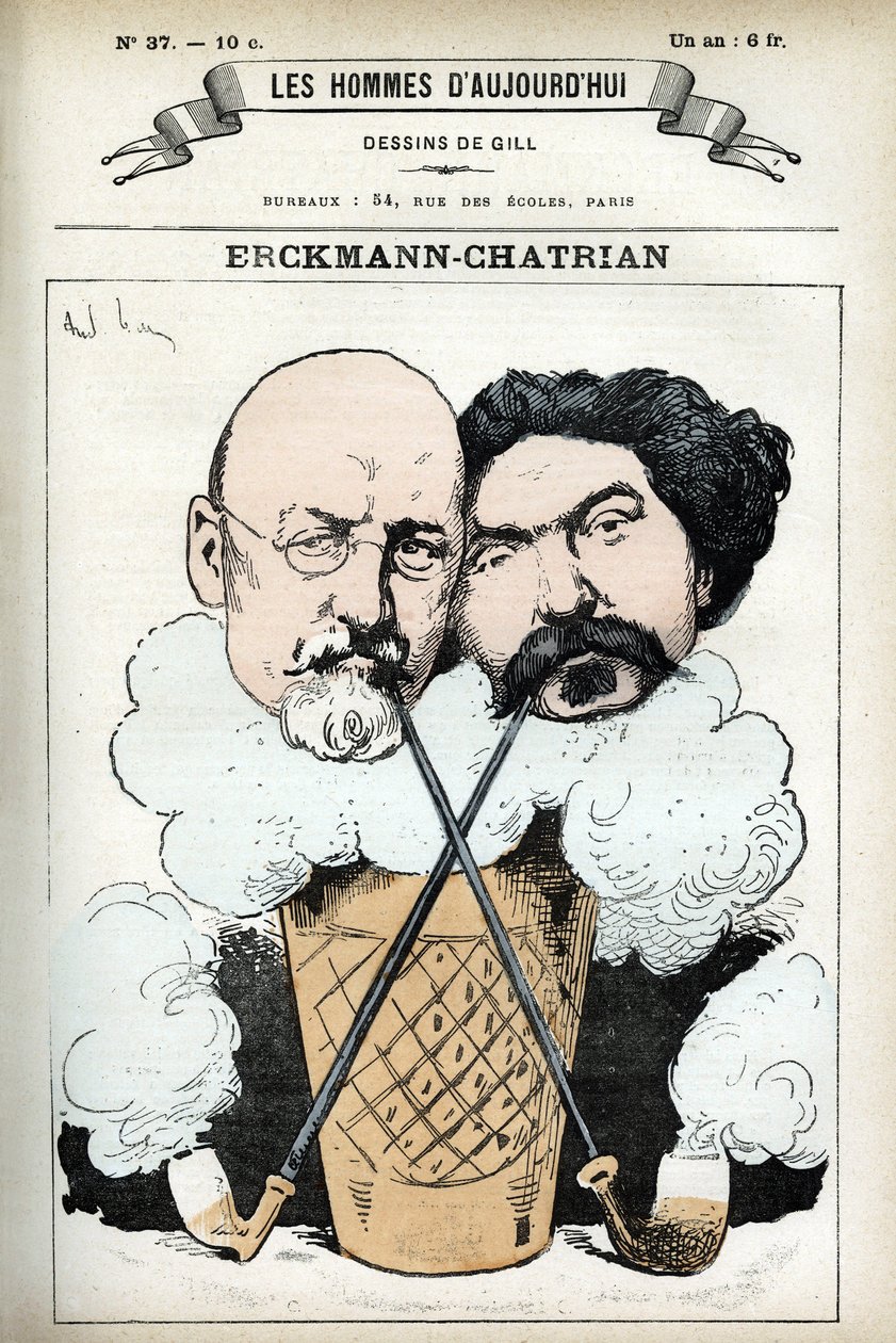 Ritratto di Emile Erckmann (1822-1899) e Alexandre Chatrian (1826-1890), romanzieri francesi. Caricatura di Gill, in "Les Homme d