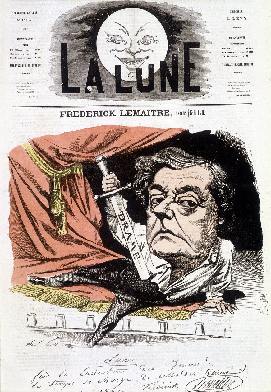Ritratto di Frédérick Lemaître (1800-1876), attore drammaturgo francese. Caricatura di Gill in "La Lune", 16 giugno da Andre Gill