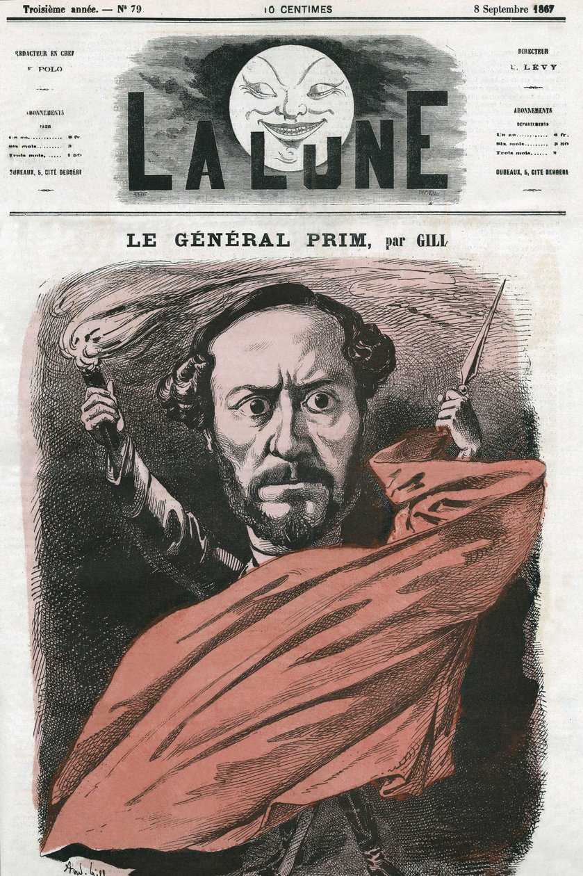 Ritratto del generale Juan Prim (1814-1870), militare e politico spagnolo. Caricatura di Gill, in "The Moon", 8 settembre da Andre Gill