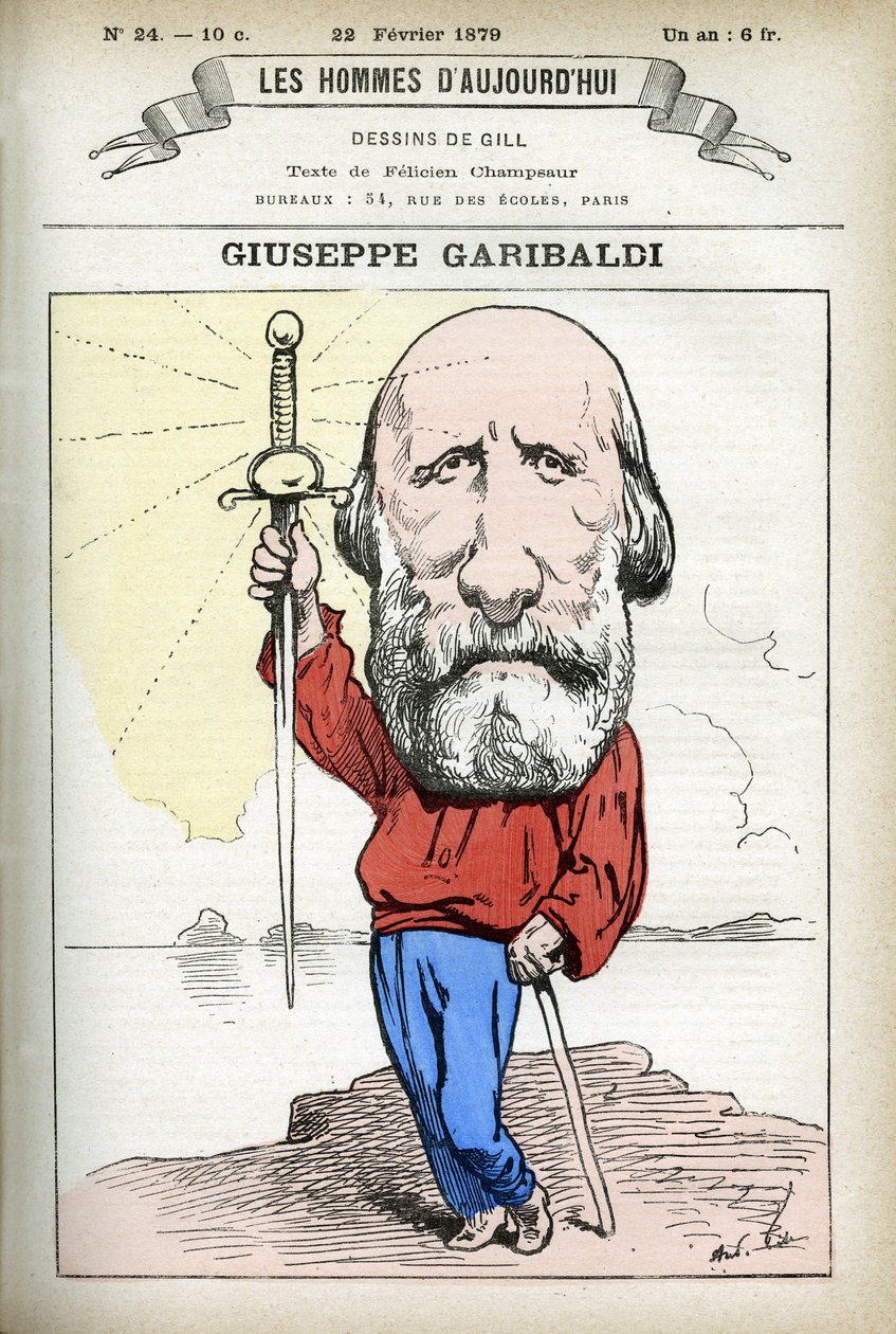 Ritratto di Giuseppe Garibaldi, politico italiano. Caricatura di Gill, in "Les Homme d