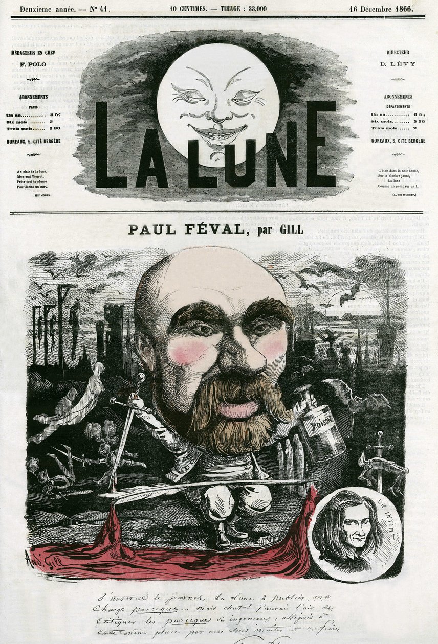 Ritratto di Paul Féval, scrittore francese. Caricatura di Gill, in "La Lune", 16 dicembre da Andre Gill