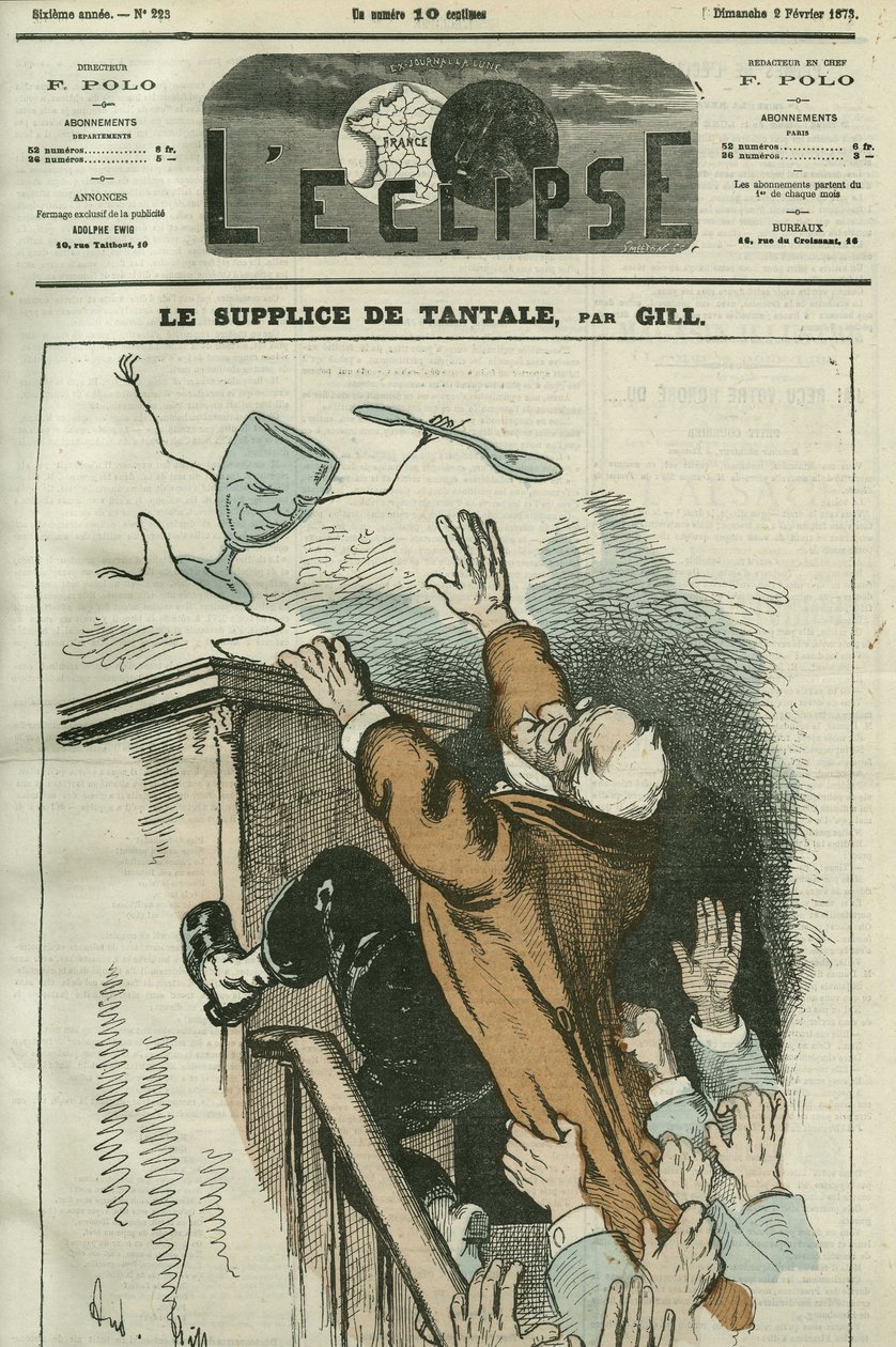 Il tormento di Tantalo, caricatura di Adolphe Thiers (1798-1874), statista francese. Copertina di "L