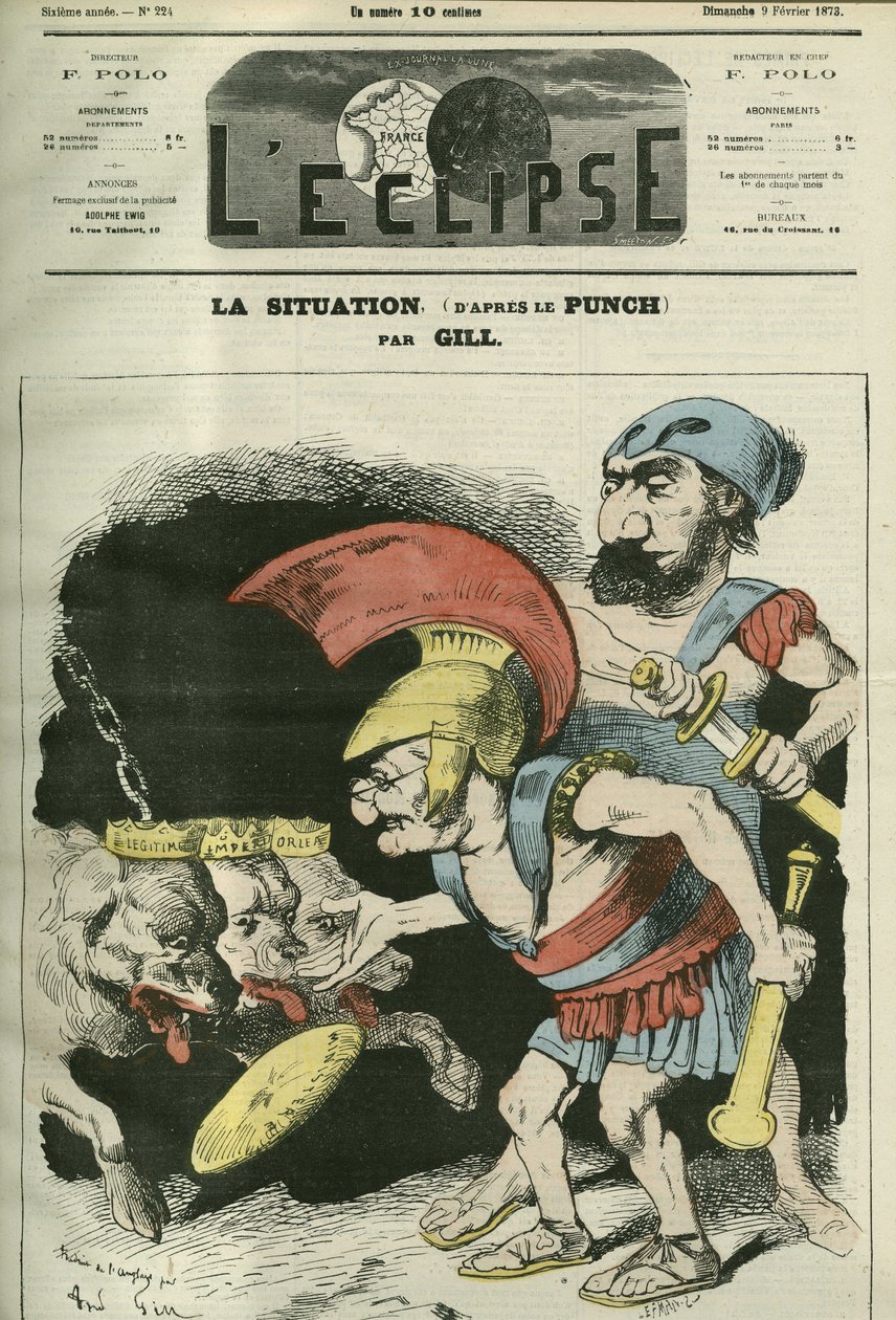 La situazione, caricatura di Adolphe Thiers (1797-1877) e Leon Gambetta (1838-1882) che danno un ministero a cani realisti e bonapartisti. Copertina di "L