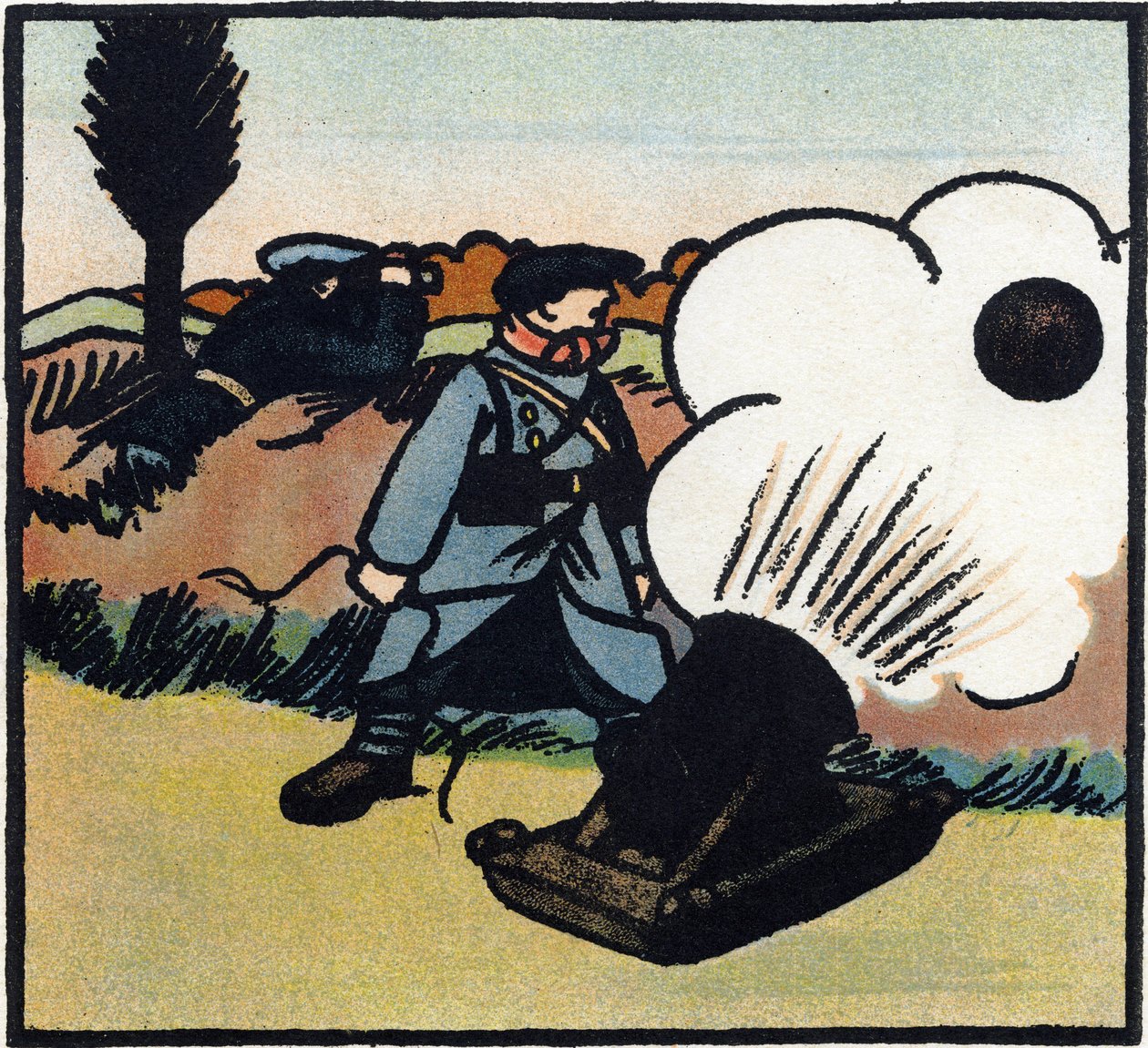 Prima Guerra Mondiale 1914-1918: Lanciatore di bombe. Un soldato francese lancia bombe al nemico con un cannone. Incisione in 