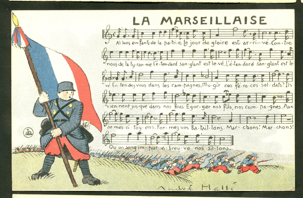 Cartolina, satirica a colori: La Marsigliese - Guerra del 14-18, illustrazione di canto di Andre Helle da Andre Helle