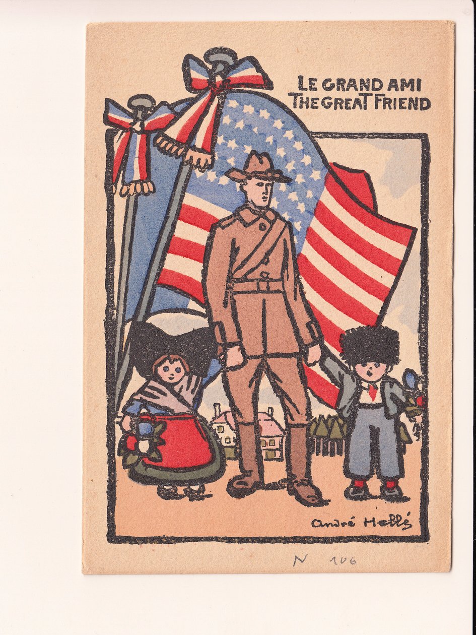 Cartolina, satirica a colori: Le grand ami il grande amico - Guerra del 14-18, America, Alsazia Lorena Illustrazione di Andre Helle (1875-1945) da Andre Helle