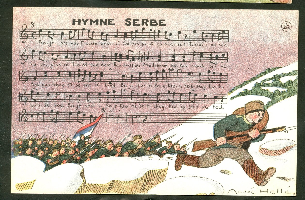 Cartolina, satirica a colori: Inno serbo - Guerra del 14-18, canzone, Serbia - Illustrazione dei soldati di Andre Helle (1875-1945) da Andre Helle