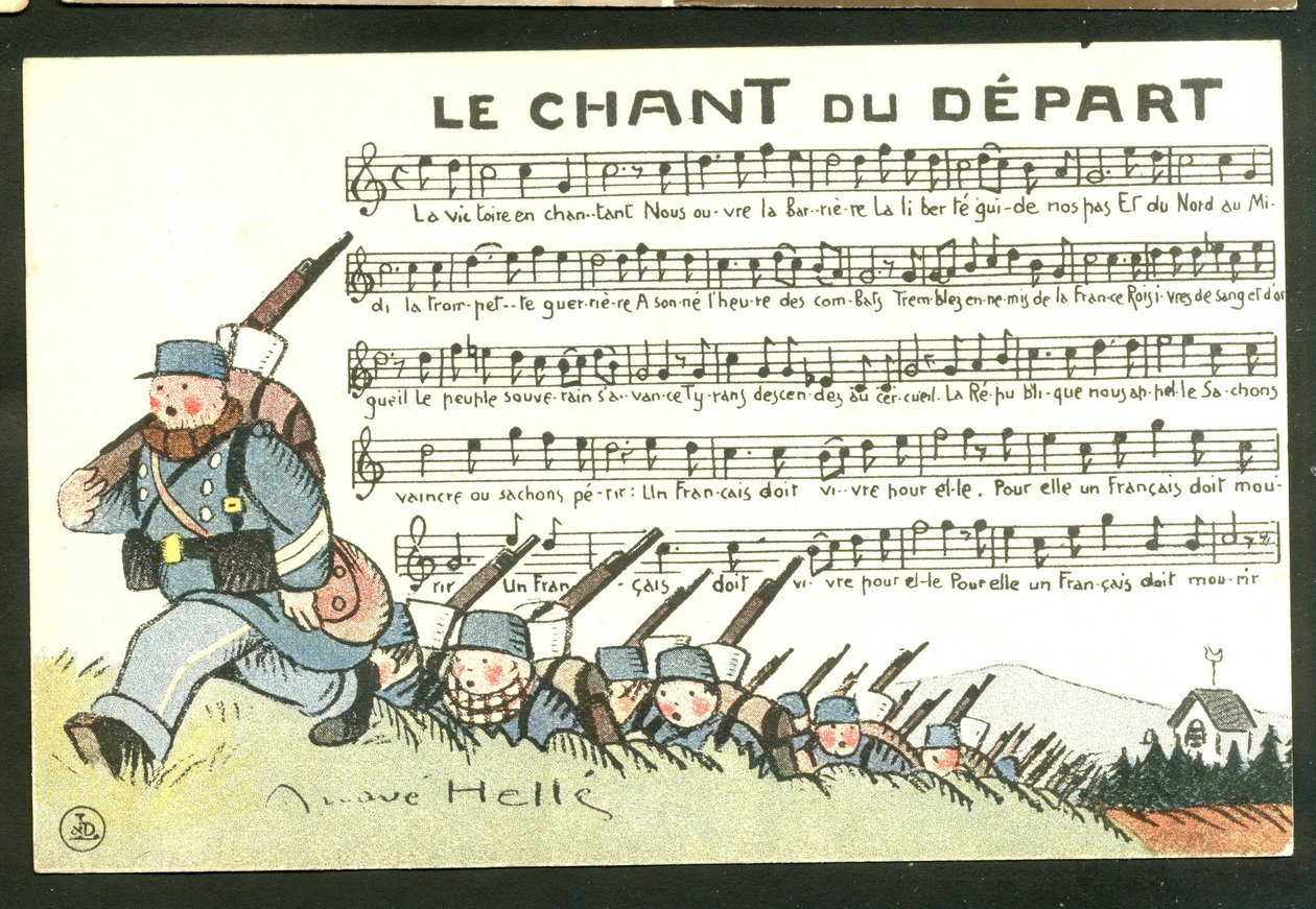 Cartolina, satirica a colori: Il canto della partenza - Guerra del 14-18, canto - Illustrazione dei soldati di André Hellé (1875-1945) da Andre Helle