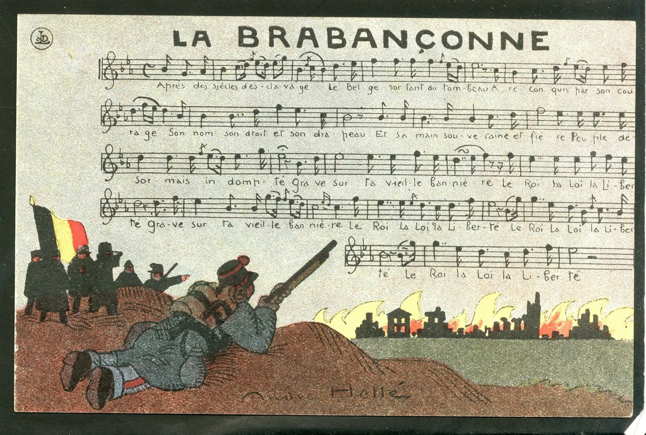 Cartolina, Satirica a Colori, circa 1915: La brabanconne - Guerra del 14-18, Belgio, Canto - Soldati Illustrazione di Andre Helle da Andre Helle