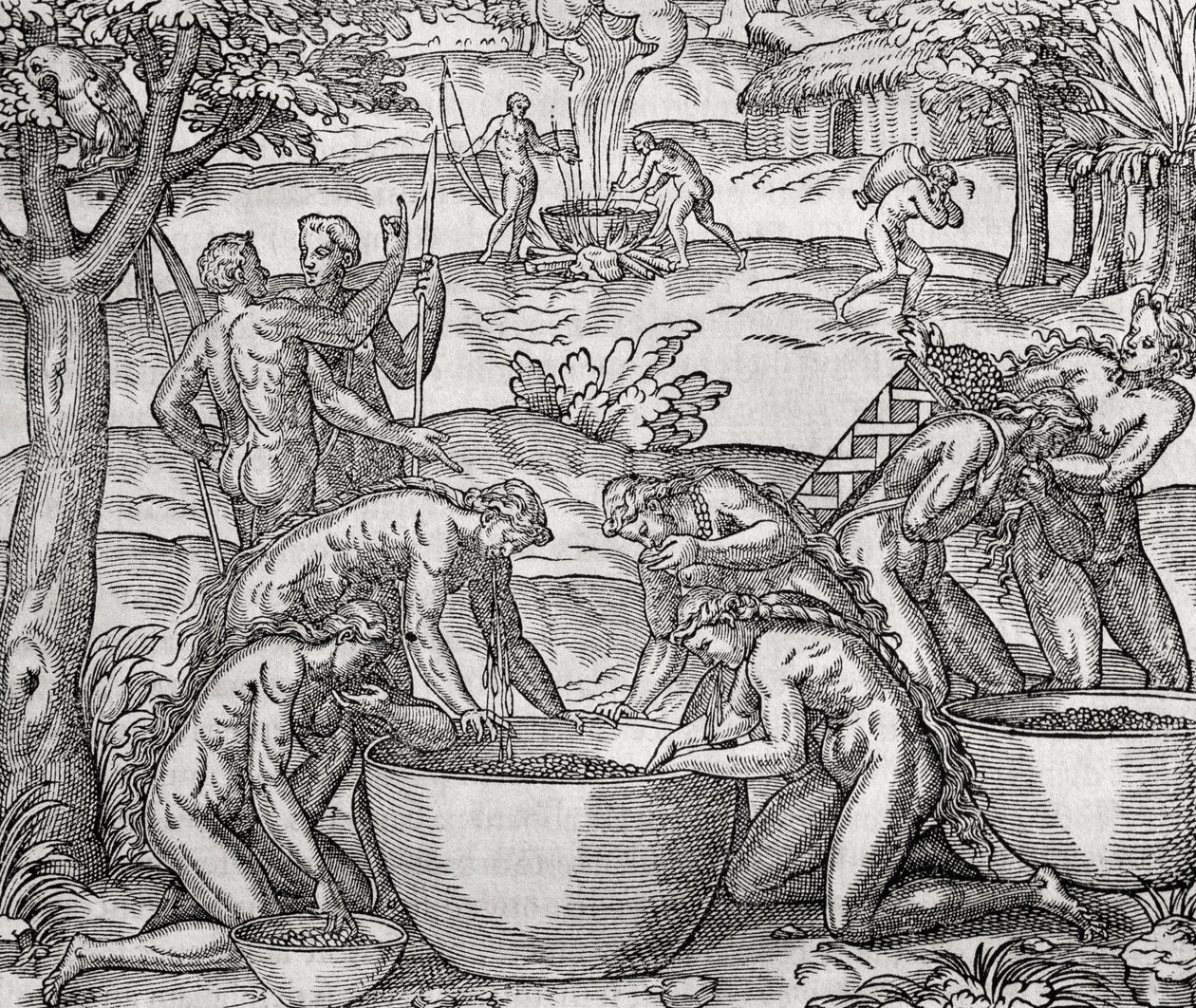 Cap de Frie, donne che preparano cibo, incisione, Sud America da Andre Thevet