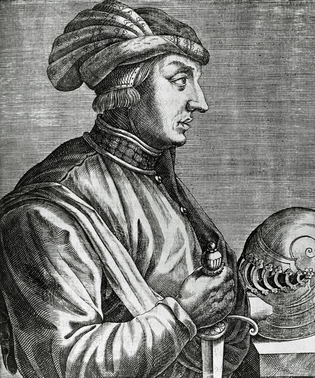 Ritratto di Castruccio Castracani (ca 1281-1328), Signore di Lucca, incisione da Les Vrais pourtraits et Vies des Hommes illustres da Andre Thevet