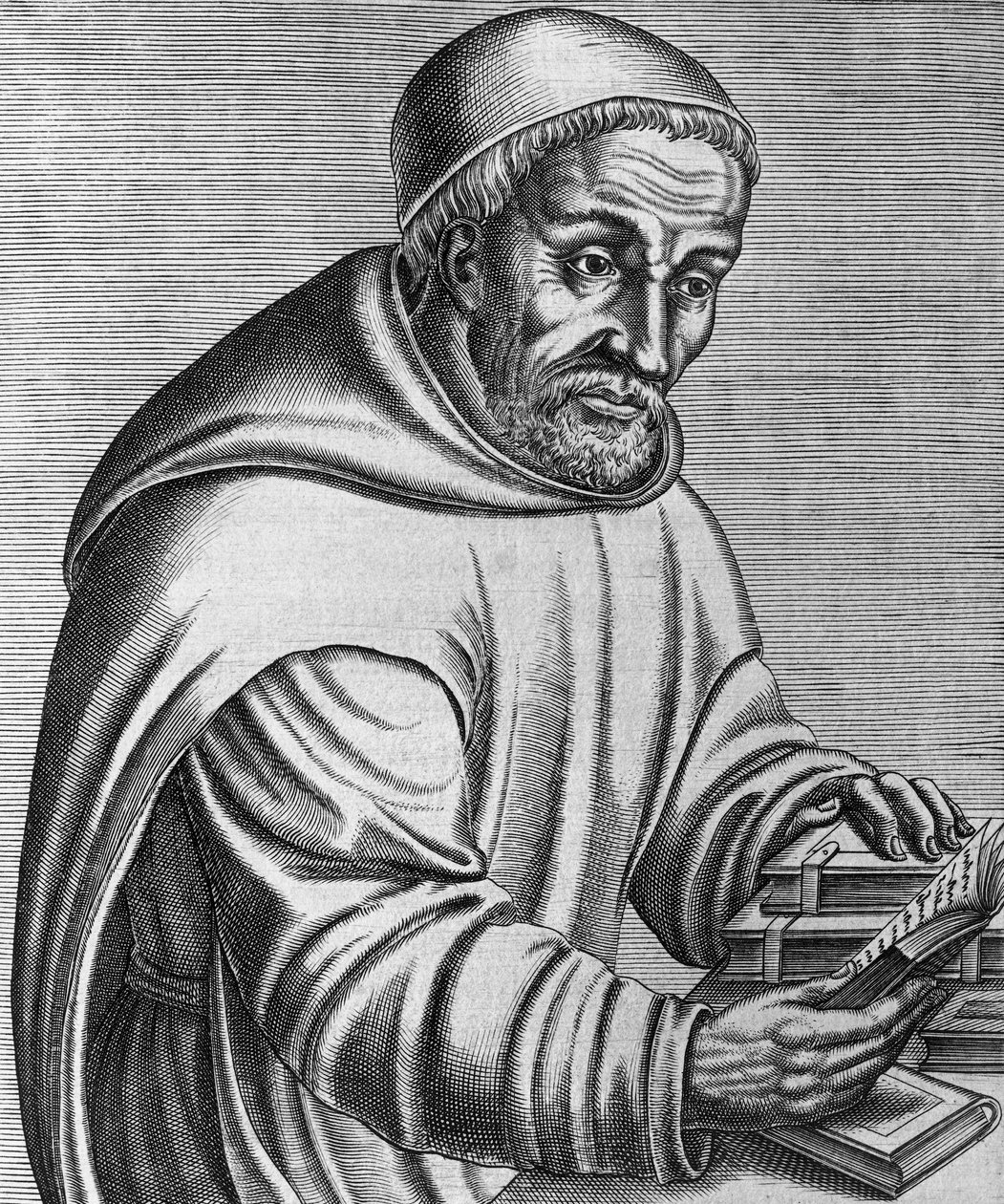 Ritratto di Rabano Mauro Magnentio (morto 856), monaco benedettino e teologo tedesco, incisione da Les vrais pourtraits et vies des hommes illustres grecz, latins et payens, di Andre Thevet da Andre Thevet
