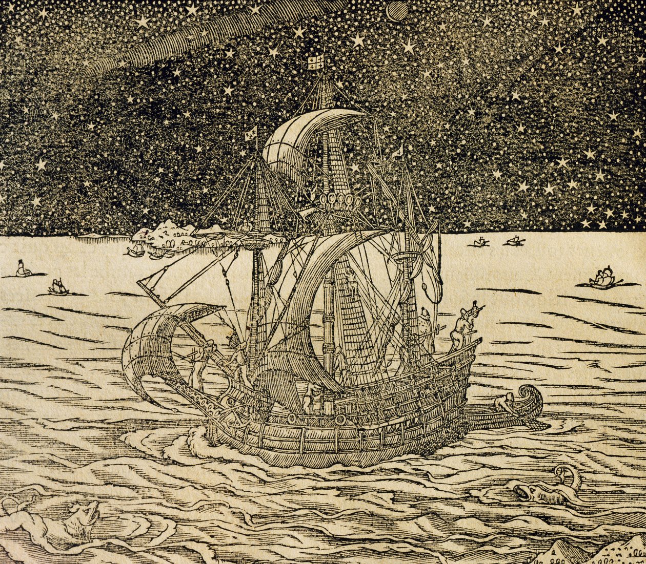 Marinai che seguono la rotta settentrionale, incisione da Cosmologia Universale, di Andre Thevet (1504-1592), Parigi da Andre Thevet