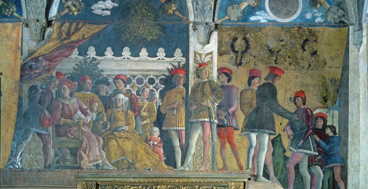 Marchese Ludovico Gonzaga III, sua moglie Barbara di Brandeburgo, i loro figli, cortigiani e il loro cane Rubino, dalla Camera degli Sposi o Camera Picta, 1465-74 da Andrea Mantegna