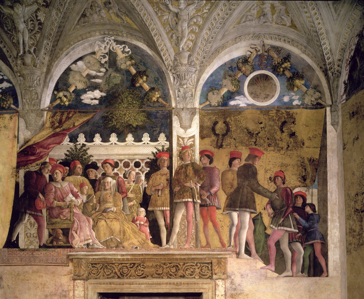 Marchese Ludovico Gonzaga III di Mantova (reg. 1444-78), sua moglie Barbara di Brandeburgo, figli, cortigiani e il loro cane Rubino, dalla Camera degli Sposi o Camera Picta, 1465-74 (dettaglio) da Andrea Mantegna