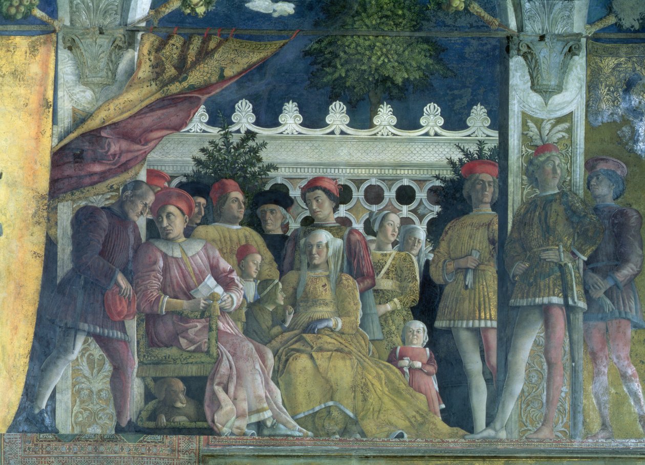 Marchese Ludovico Gonzaga III di Mantova, sua moglie Barbara di Brandeburgo, figli, cortigiani e il loro cane Rubino, dalla Camera degli Sposi o Camera Picta, 1465-74 (dettaglio) da Andrea Mantegna