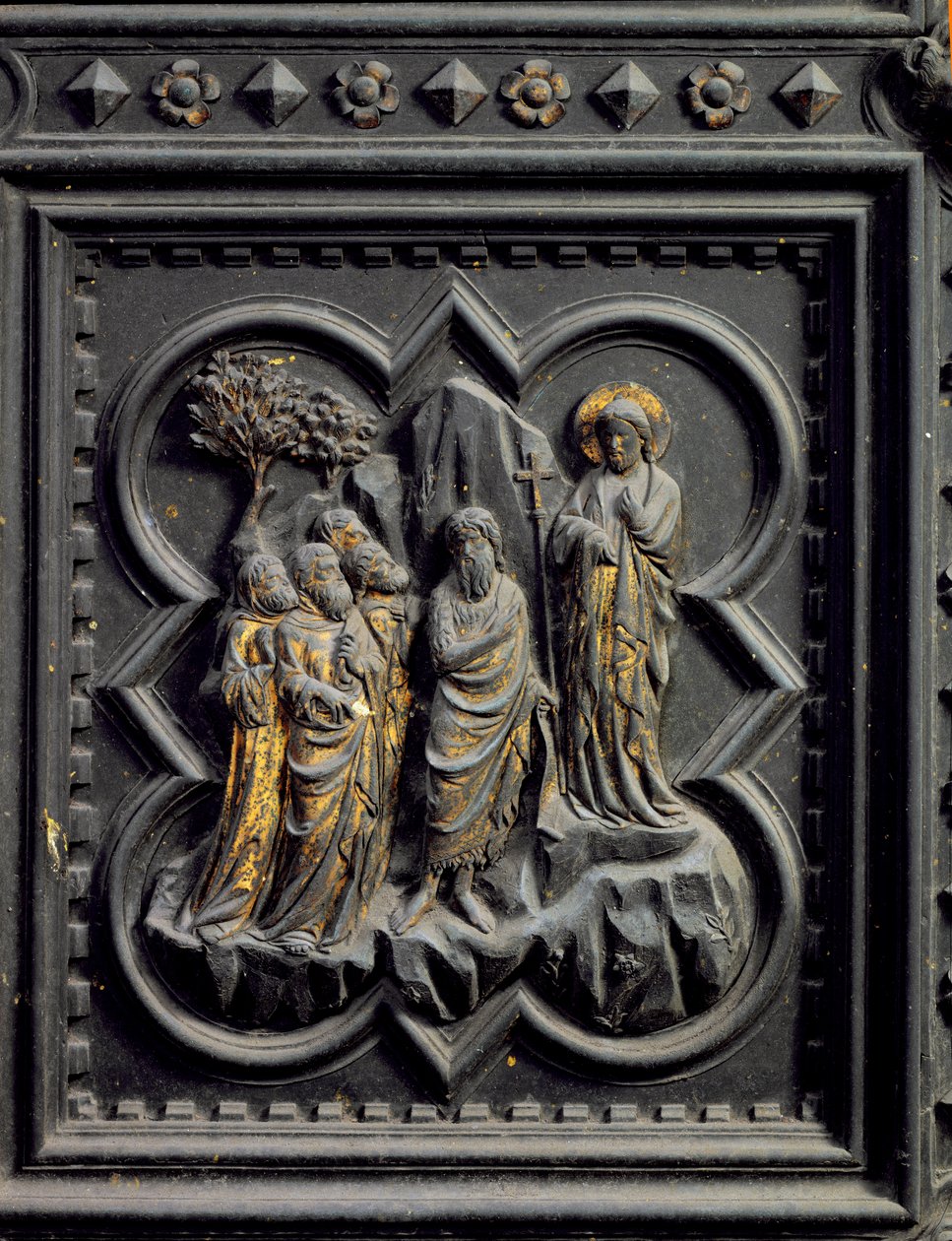 San Giovanni Battista annuncia Cristo, ottavo pannello delle porte sud del Battistero di San Giovanni, 1336 da Andrea Pisano