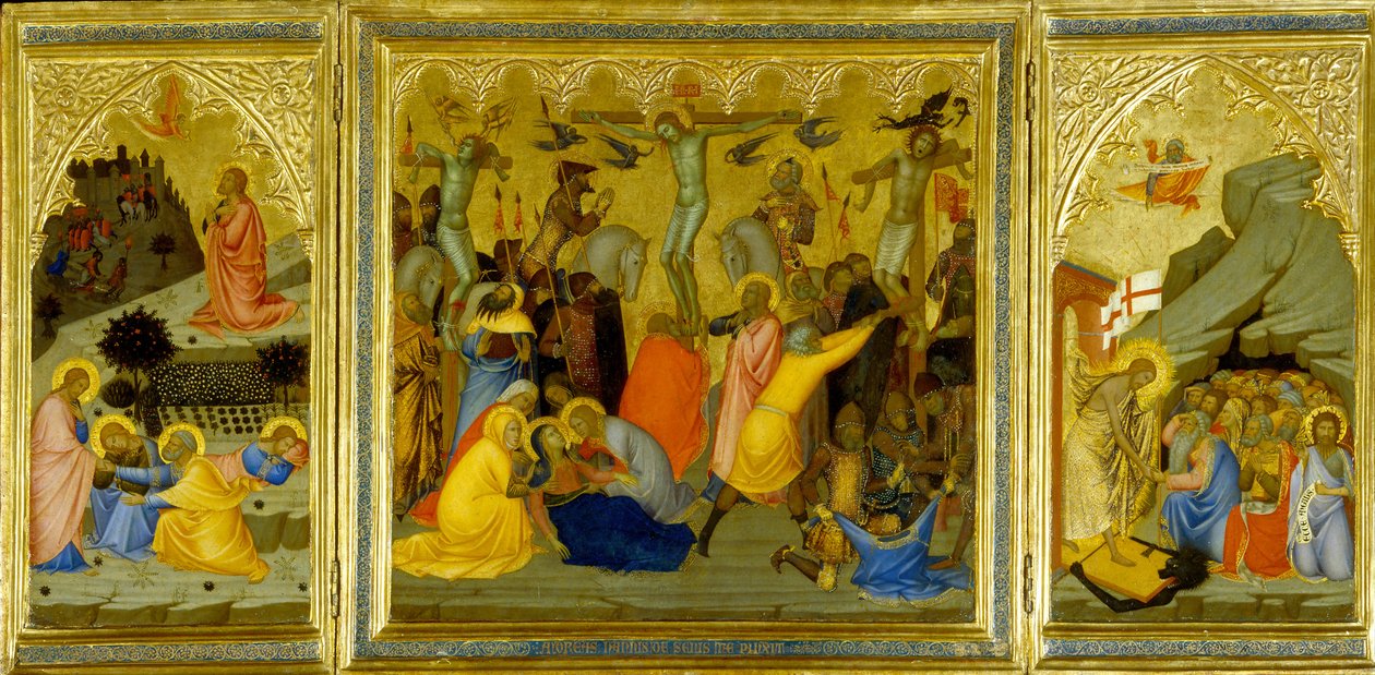 Un trittico: Agonia nel giardino, La crocifissione e La resurrezione dei patriarchi e profeti (tempera all