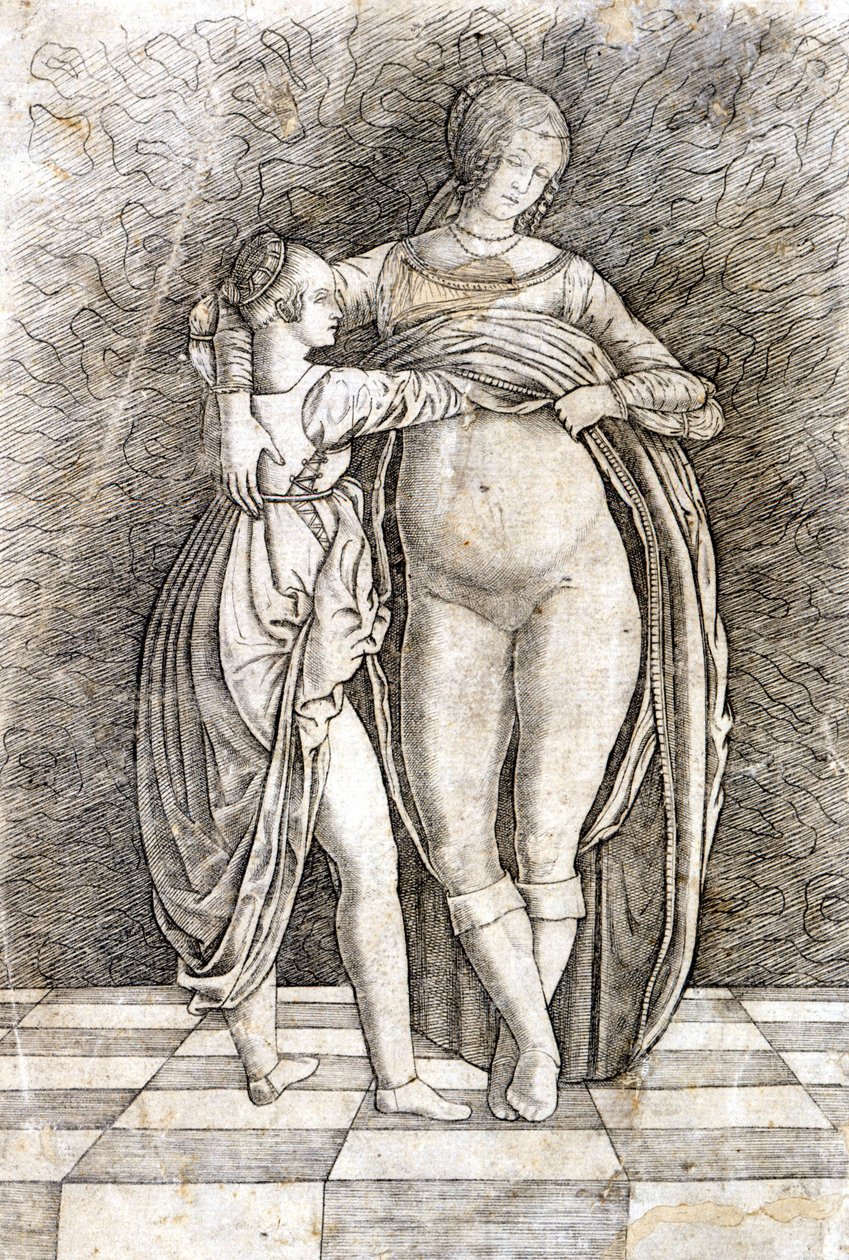Una giovane ragazza sveste una donna. Incisione di Andrea Zoan. XV secolo. da Andrea (attr. to) Zoan
