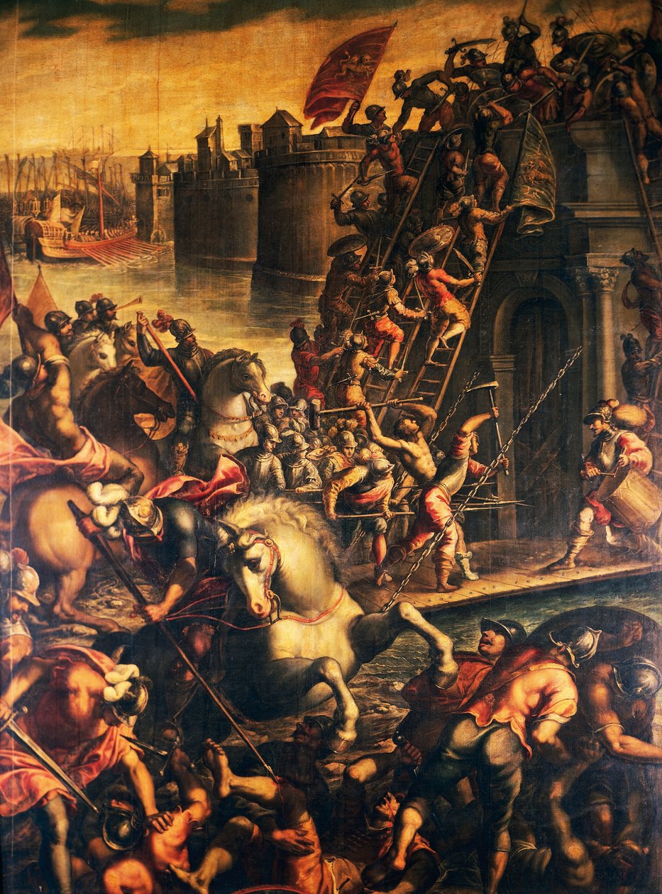 Il Doge di Venezia Enrico Dandolo e i suoi crociati assaltano la città di Zara nel 1202, di Andrea Michieli, Quarta Crociata, Croazia da Andrea (c.1542 c.1617) Michieli