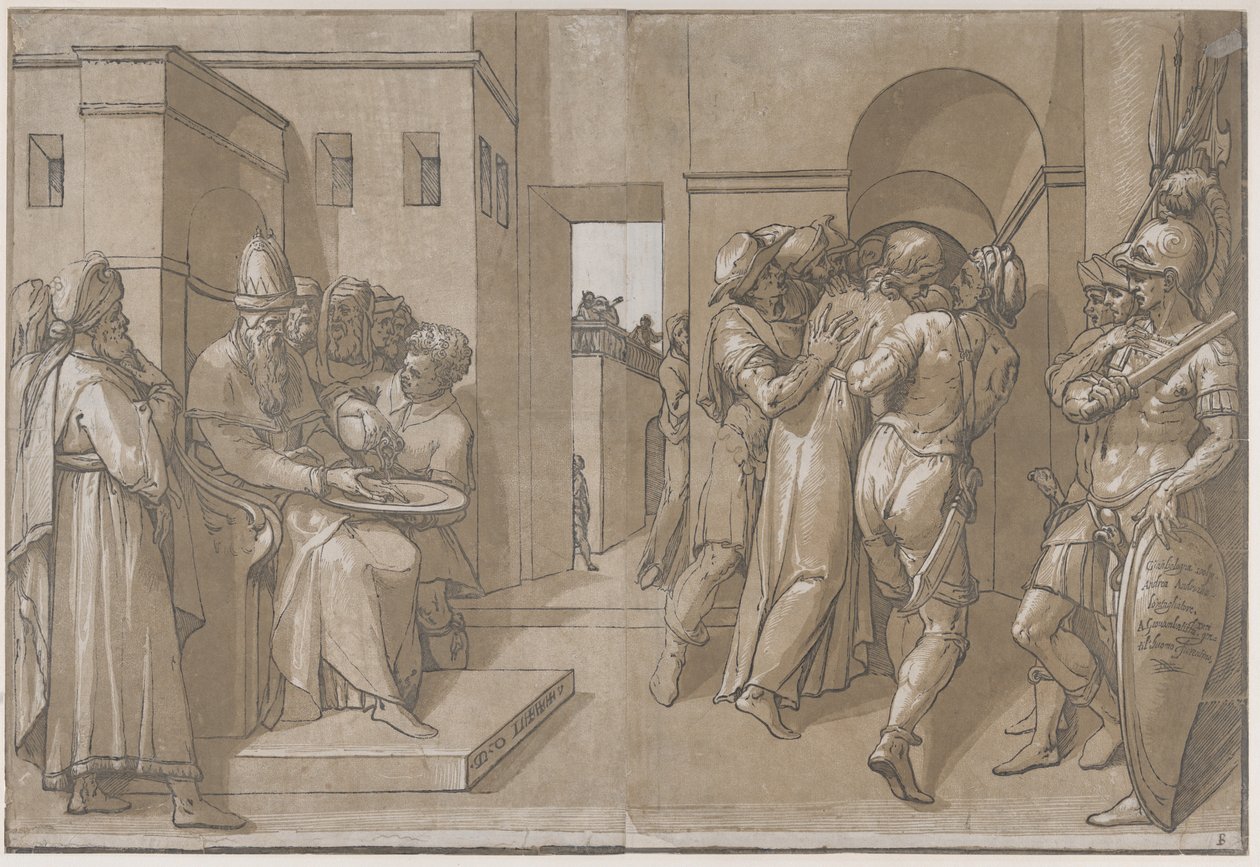 Cristo viene condotto via, i soldati stanno sul lato destro del foglio, 1585 da Andrea Andreani