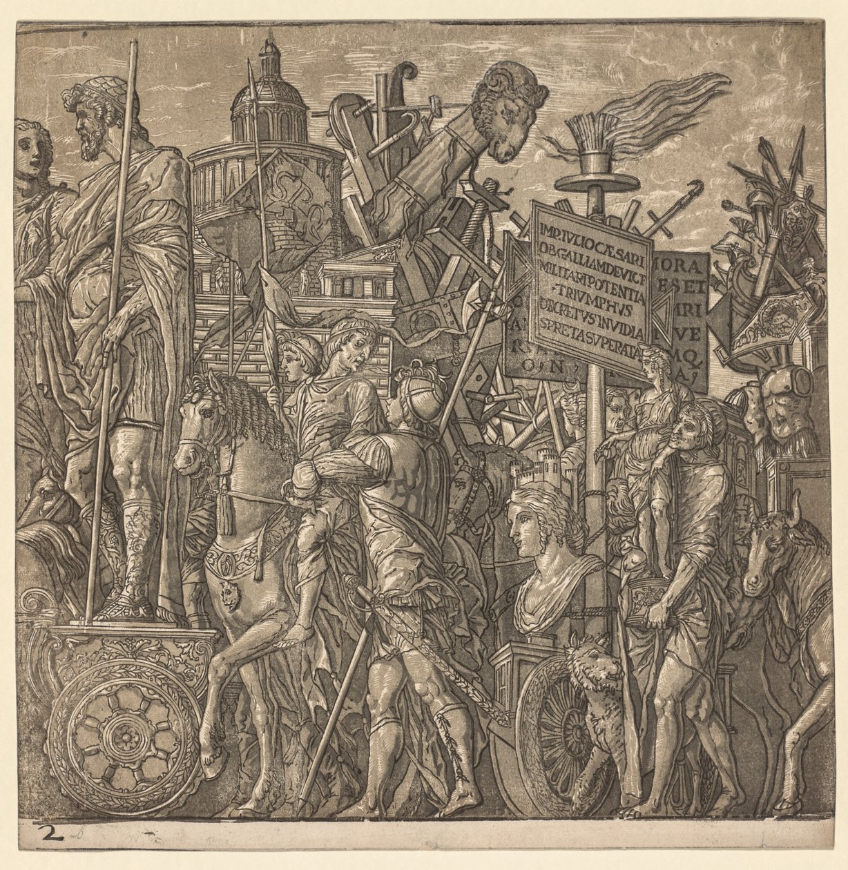 Il trionfo di Giulio Cesare: statue colossali e attrezzature d