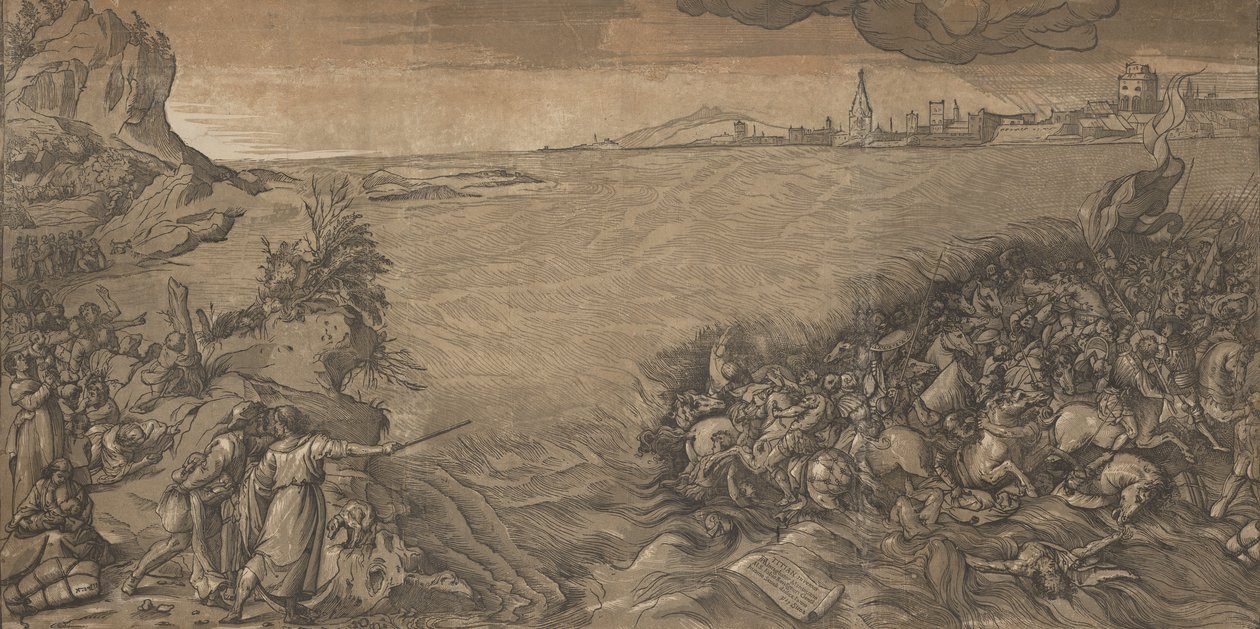 Il passaggio del Mar Rosso, Mosè sta a sinistra indicando l