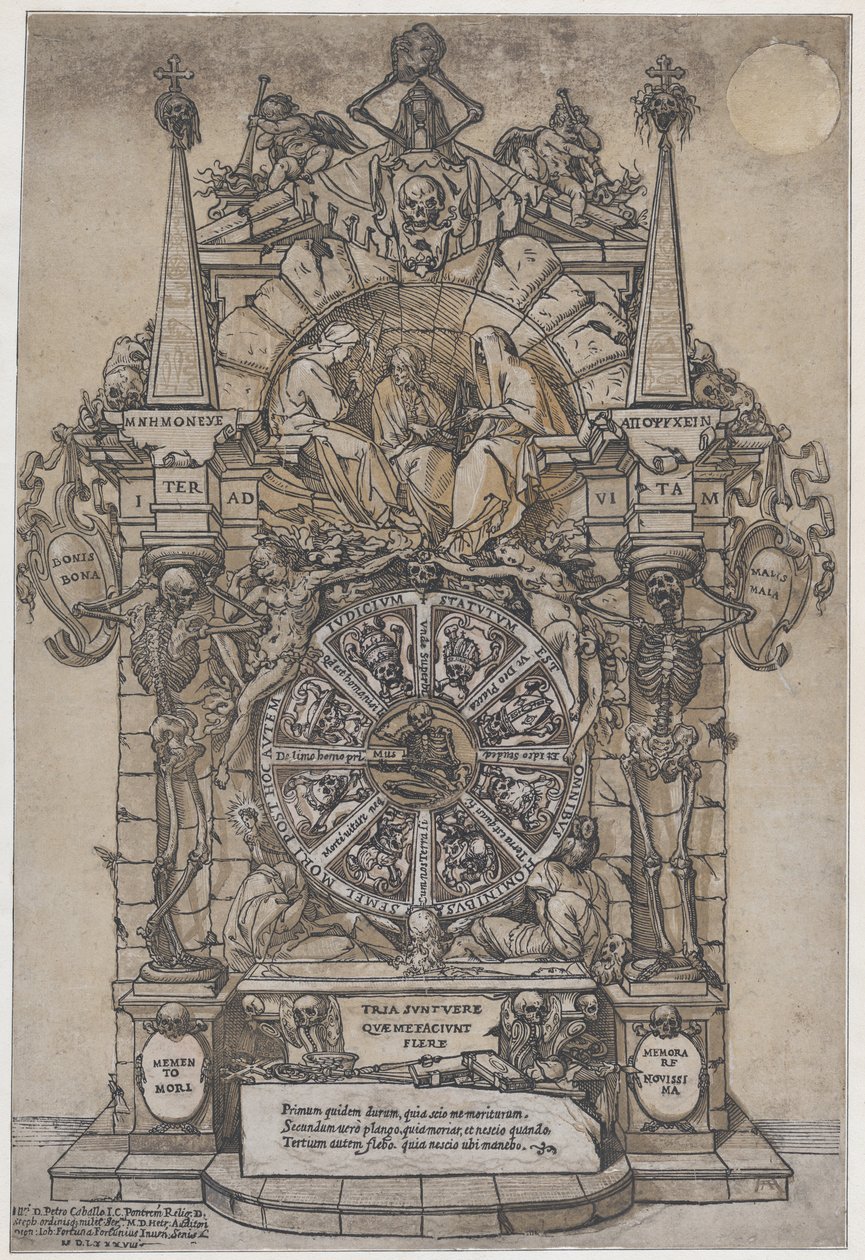 Trionfo della Morte con tre Parche in una cornice architettonica sopra una ruota della fortuna, 1588 da Andrea Andreani