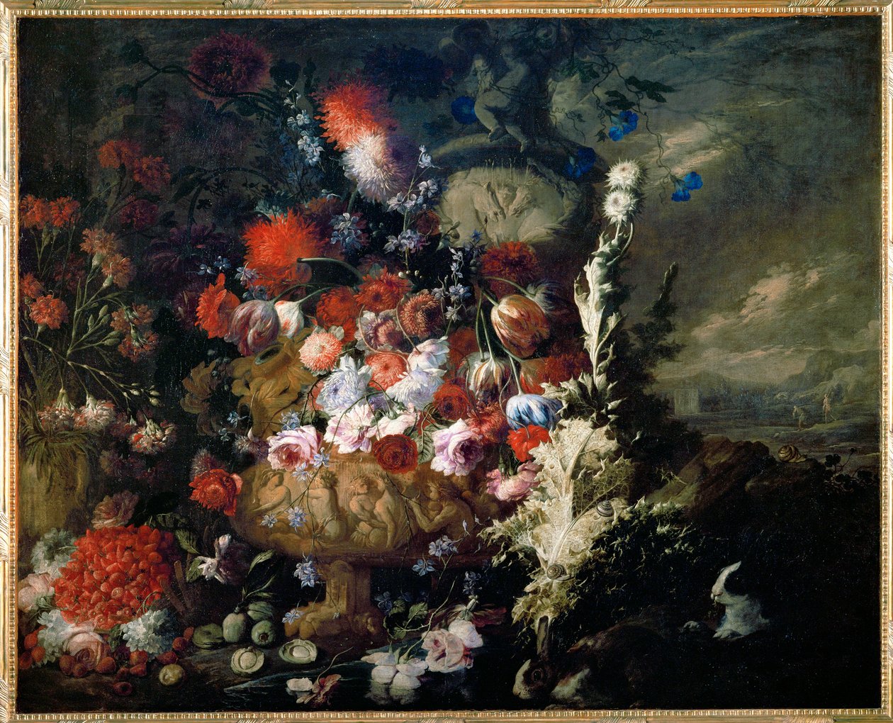 Vaso con fiori e frutta in un paesaggio - Vase de fleurs et fruits dans un paysage ... da Andrea Belvedere