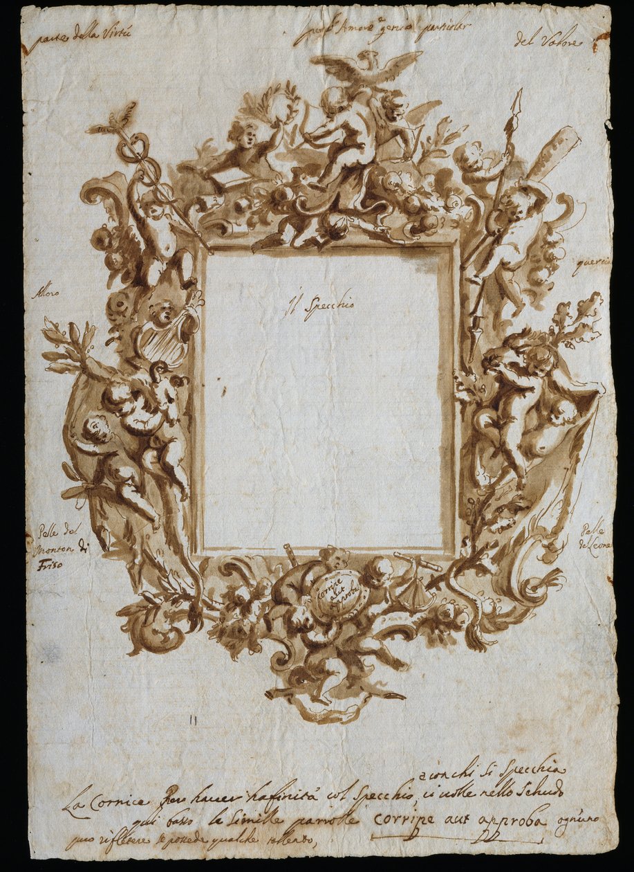 Disegno ortogonale per cornice allegorica da Andrea Brustolon