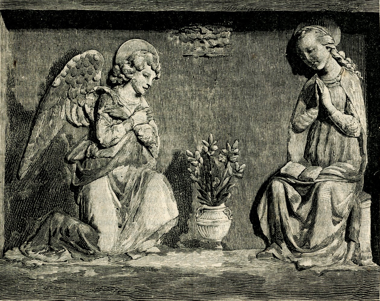 Annunciazione, di Andrea Della Robbia, oratorio della Madonna del Buon Consiglio, Prato, Toscana, Italia, xilografia da Le cento città d