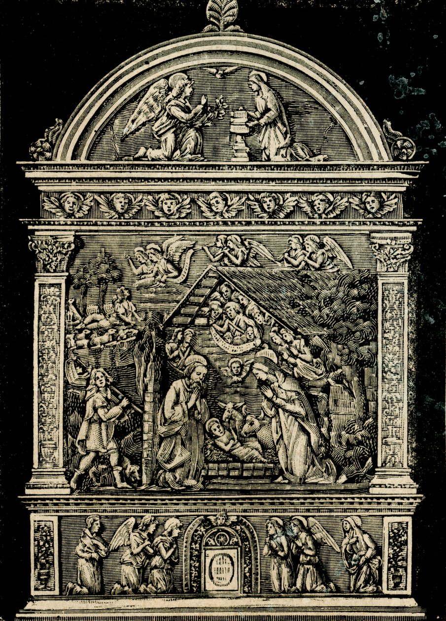 Natività, altare in terracotta di Andrea della Robbia, dalla chiesa di Santa Chiara, Museo Civico di Sansepolcro, Toscana, Italia, xilografia da Le cento città d
