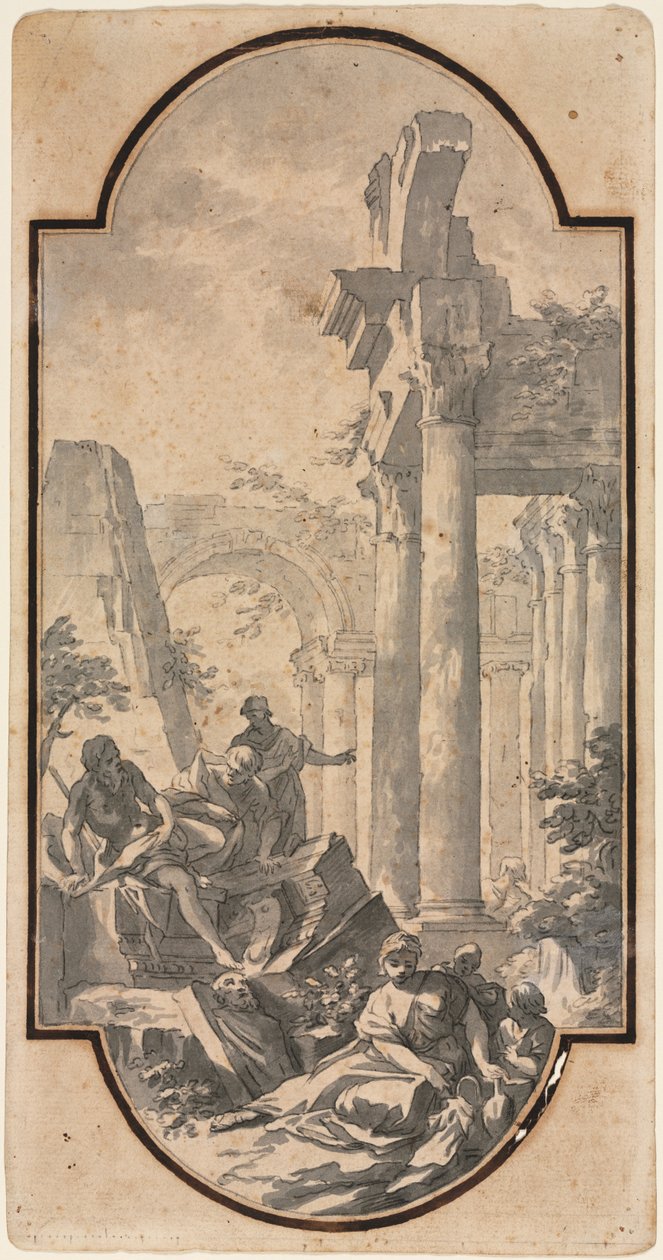 Figure vicino alle rovine di un tempio corinzio recto, frammento di un arco tracciato da recto verso da Andrea Locatelli