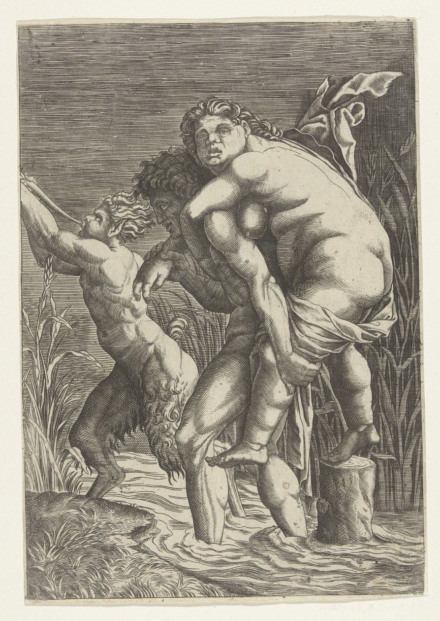 Uomo porta donna sulla schiena e un satiro da Andrea Mantegna (school of)