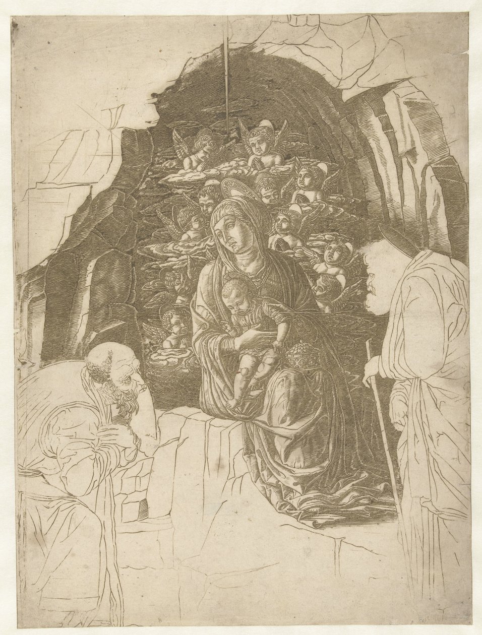 Maria con bambino circondata da angeli in una grotta con Giuseppe e re in adorazione da Andrea Mantegna (school of)