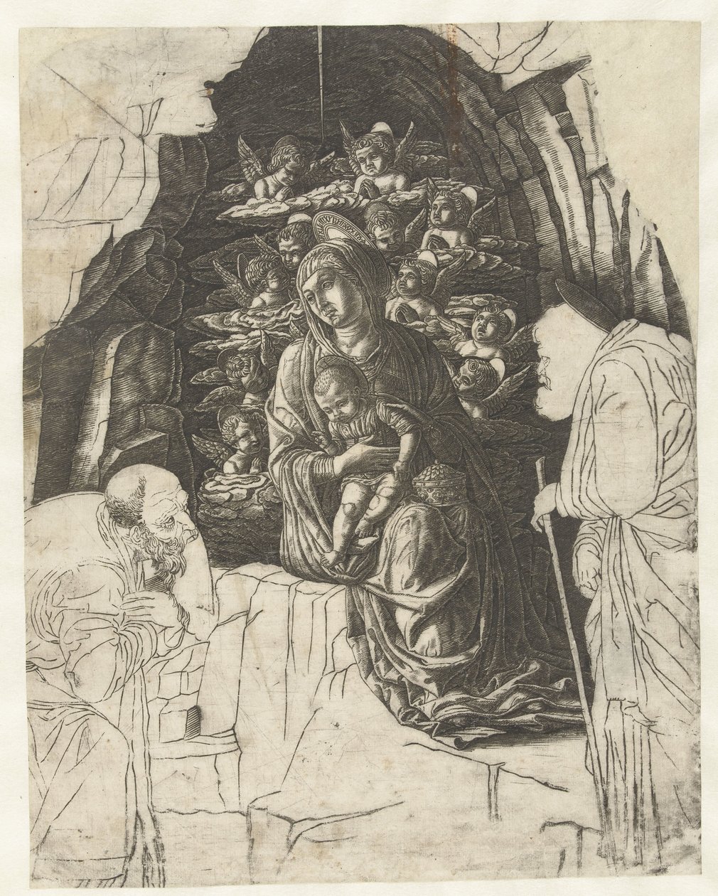 Maria con Bambino circondata da Angeli in Grotta con Giuseppe e Re in Adorazione da Andrea Mantegna (school of)