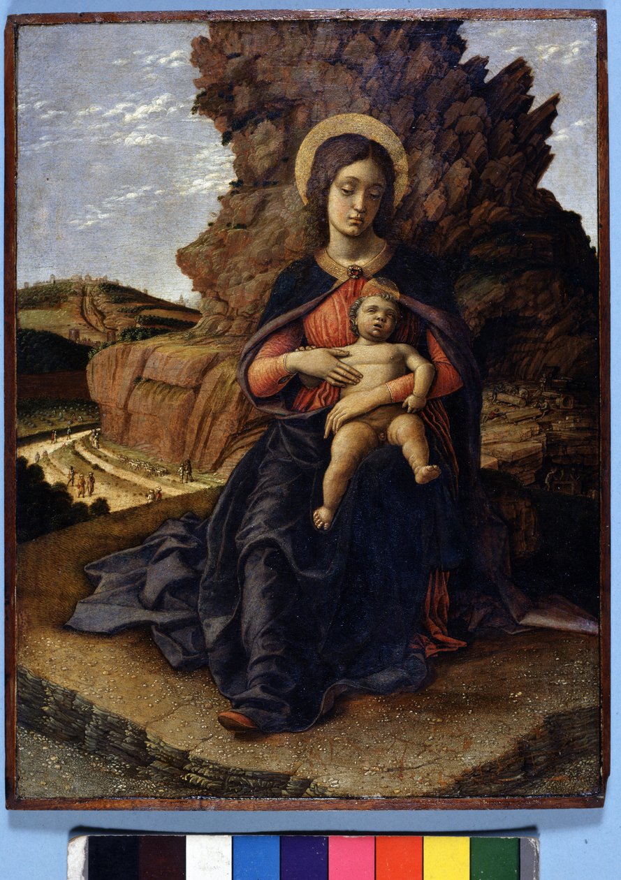 Andrea Mantegna, La “Vergine delle Cave”: Vergine con Bambino e sullo sfondo cave di pietra con lavoratori al lavoro, Galleria degli Uffizi, Firenze da Andrea Mantegna