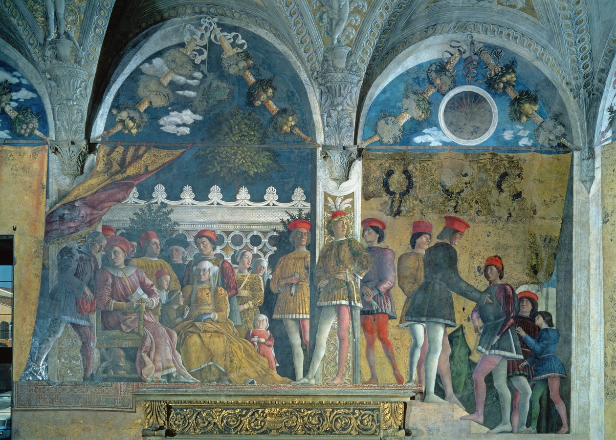 Marchese Ludovico Gonzaga III, sua moglie Barbara di Brandeburgo, i loro figli, cortigiani e il loro cane Rubino, dalla Camera degli Sposi o Camera Picta, 1465-74 da Andrea Mantegna